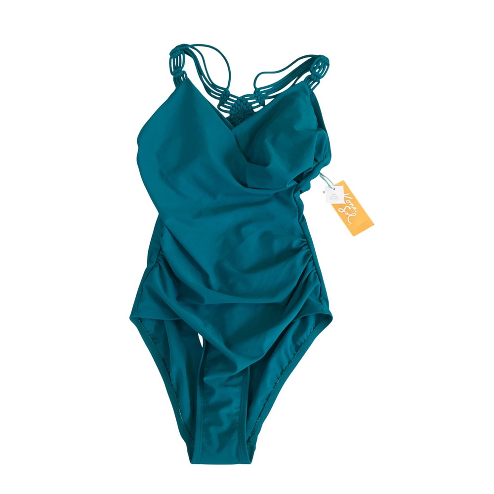 Kona Sol One Piece Swimsuit Women XS Teal Macrame Strappy Ruched High Coverage